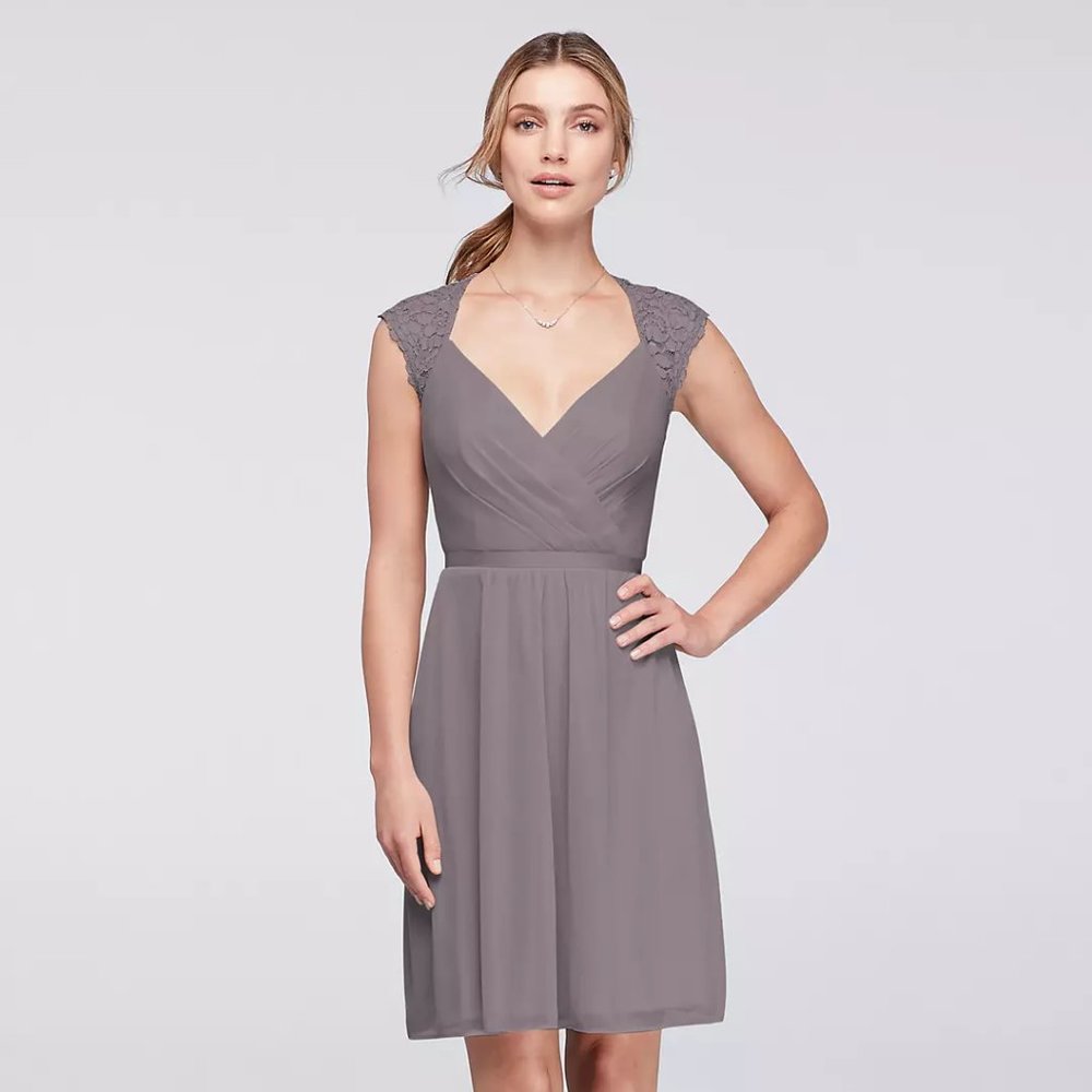 Davids Bridal Mesh Dress with Lace Sleeves and Keyhole Back in Malibu - Picture 9 of 11